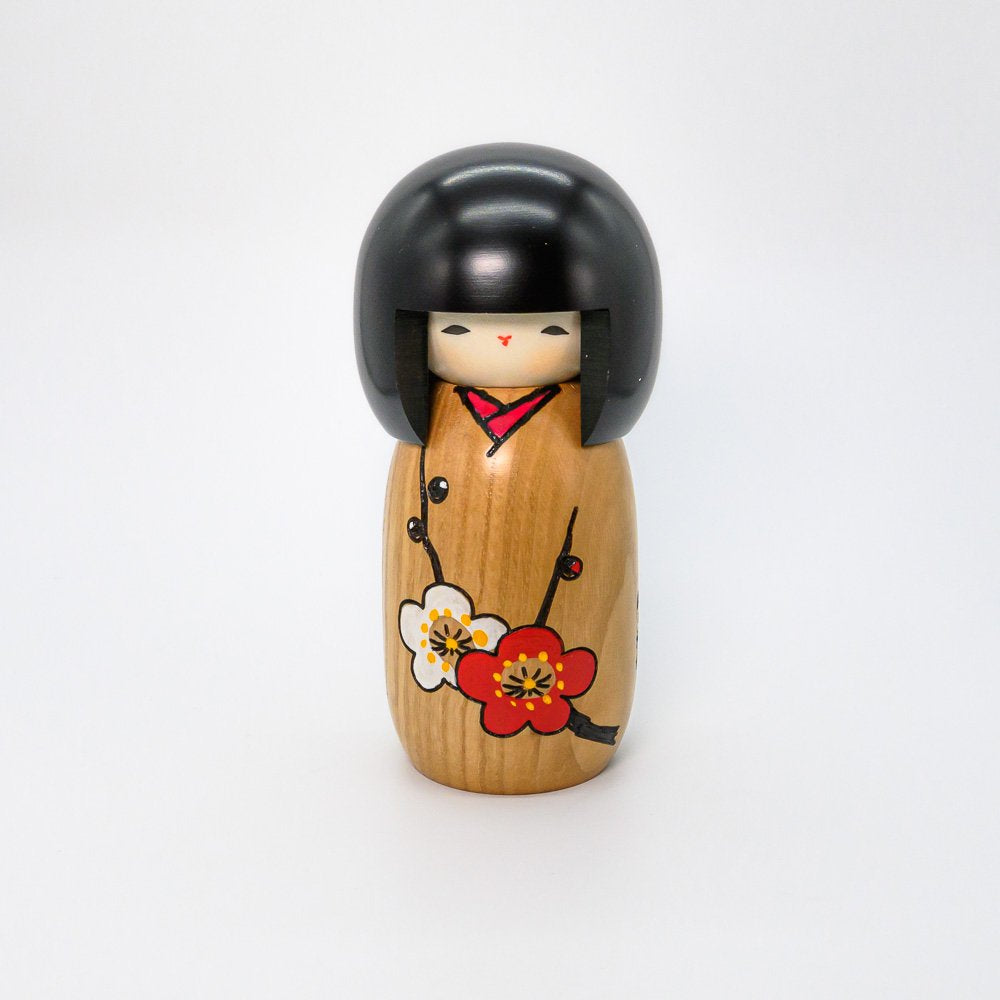 Hand-carved and Hand-painted Kokeshi Doll with Plum Flower